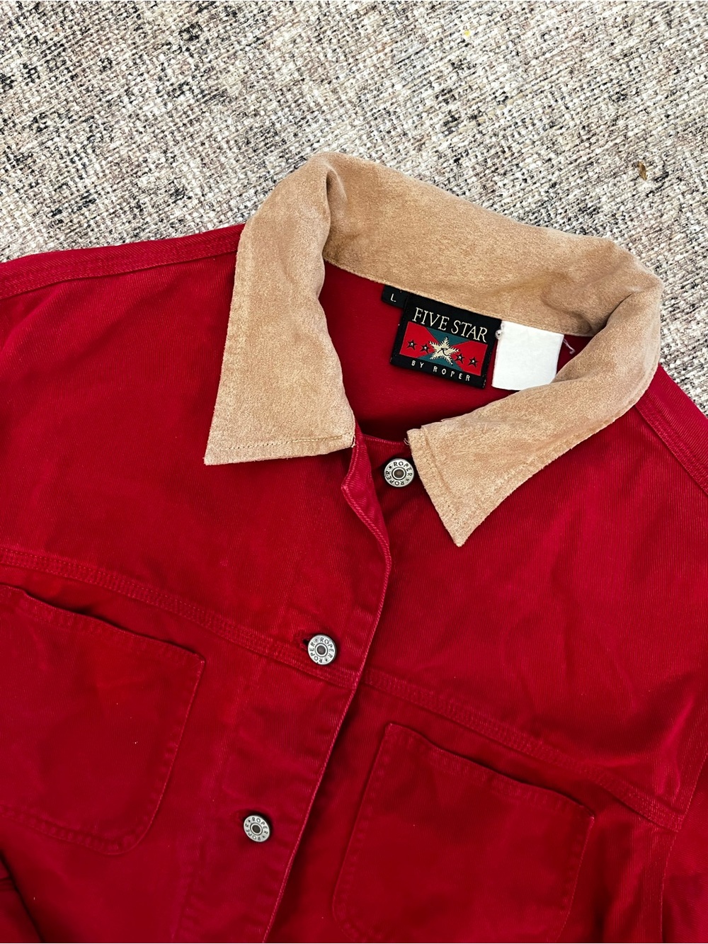 Vintage Western Americana Five Star Red Denim Chore Barn Jacket Tan Collar L